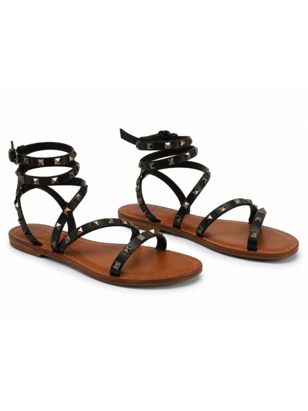 Bamboo Black Studded Gladiator Sandals Women's Size 7 Ankle Wrap Boho Chic